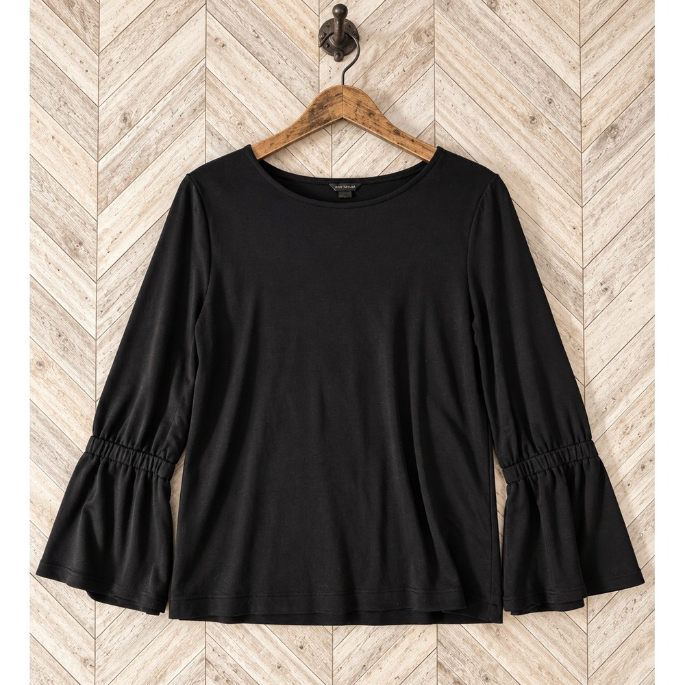 Ann Taylor Bell Sleeve Smocked Cuff Knit Top Black Large